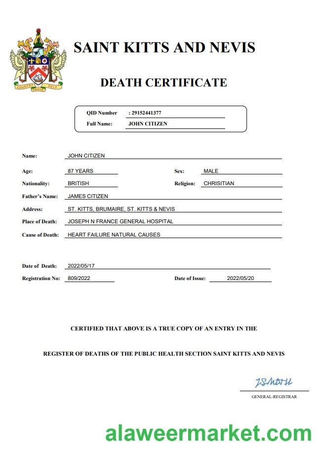 Saint Kitts and Nevis vital record death certificate Word and PDF template